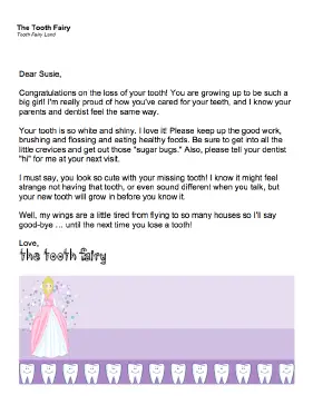 Tooth Fairy Letter For A Girl
