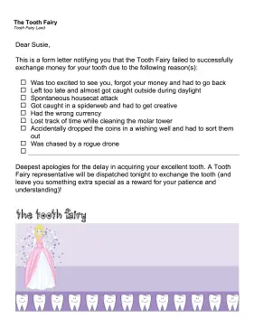 Tooth Fairy No Show Excuse Checklist